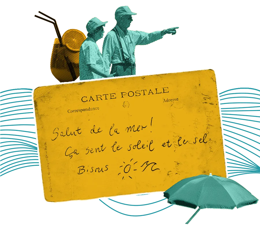Illustration: Postkarte mit Gruß vom Meer, Sonnenschirm und Urlauber